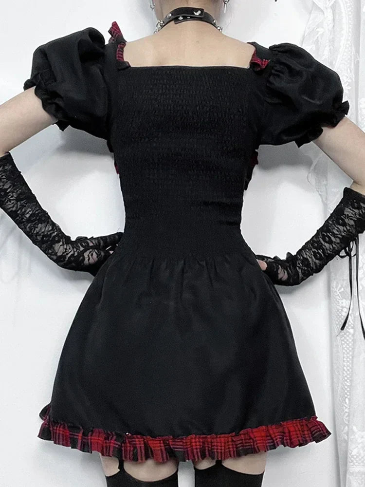 Red Plaid High Waist Bandage Corset Gothic Mini Dress