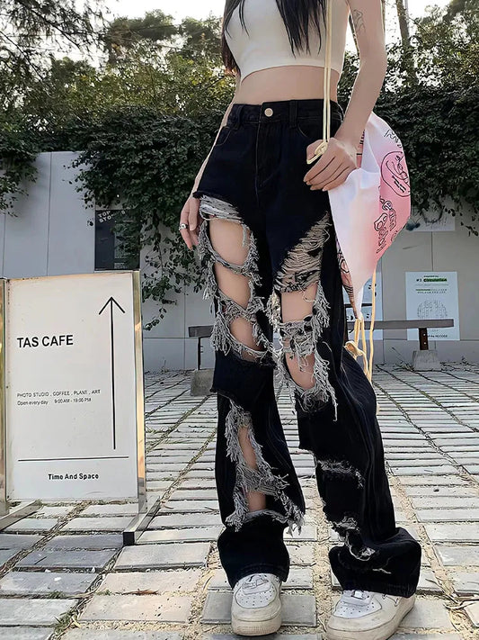 Women's Stylish High Waist Black Broken-Hole Jeans | Great for Casual Days