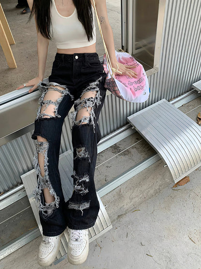 Women's Stylish High Waist Black Broken-Hole Jeans | Great for Casual Days