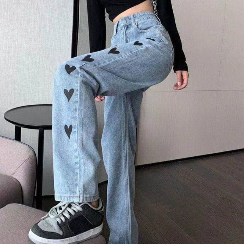 Women's Casual High-Waisted Denim Jeans with Heart Print | Great for Casual Days
