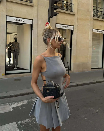 High Street Backless Bandage Pleated Dress Women Sexy Slit Sleeveless Bodycon Mini Dress 2025 New Summer Party Dress Streetwear