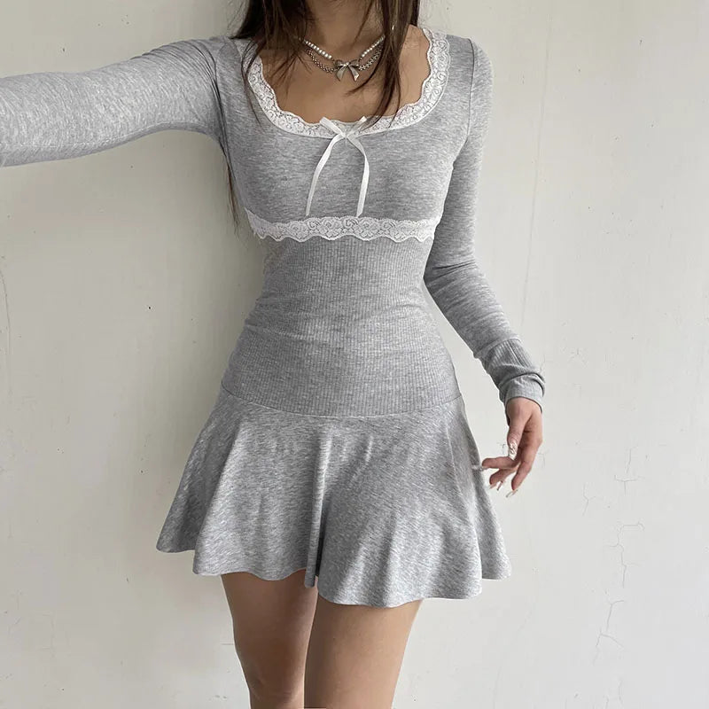Voguable Lace Patchwork Knitted Mini Dresses Y2K Sweet Bow Bodycon Long Sleeve Pleated Dress Casual Korean Style