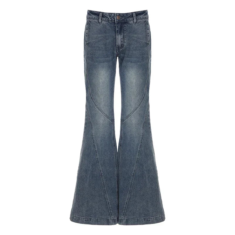 Y2K Low Waisted Washed Flare Jeans Korean Streetwear Blue Slim Fit Denim Pants Fashion Lady Casual Boot Cut Trousers