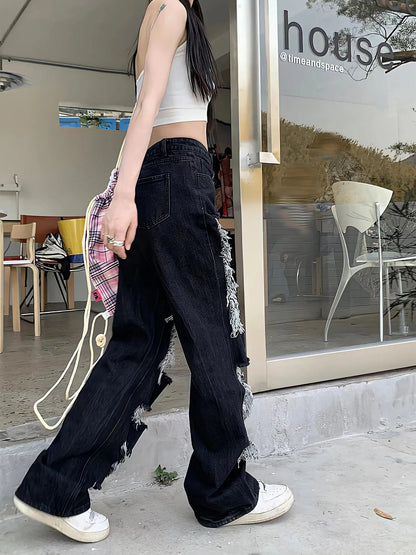 Women's Stylish High Waist Black Broken-Hole Jeans | Great for Casual Days