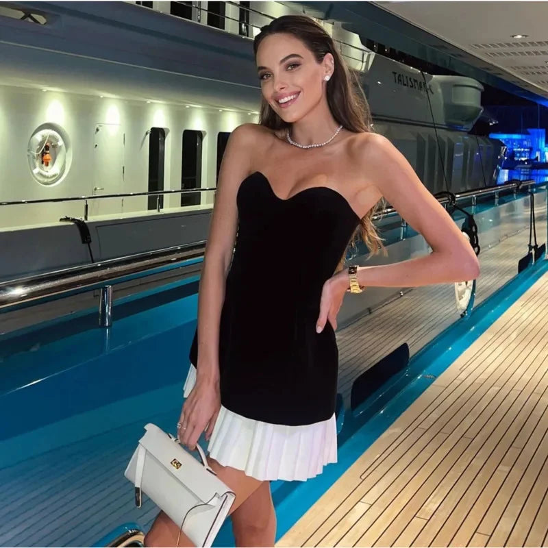 Sexy Strapless Velvet Patchwork Pleated Mini Dress Women Elegant Off Shoulder Backless Slim Vestidos New Evening Party Gown