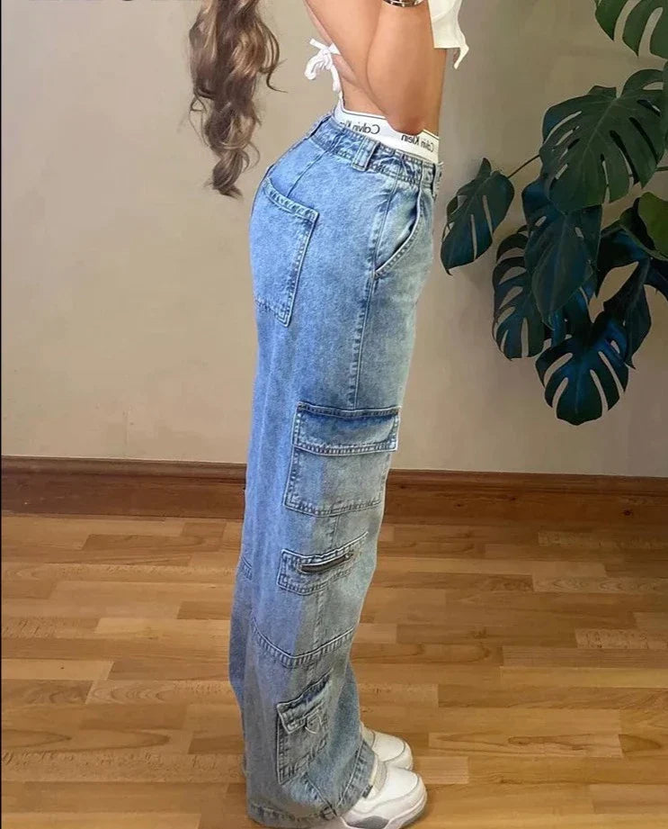 Women's Stylish High Wausted Cargo Baggy Jeans with Side Pockets | Ideal for All Seasons