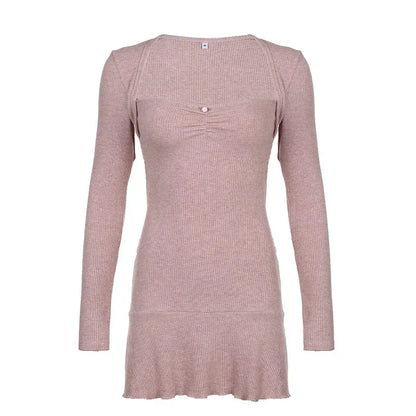 Cute Coquette Pink A-line Mini Dress Fairycore Sweet Full Sleeve Square Collar Short Dresses for y2k