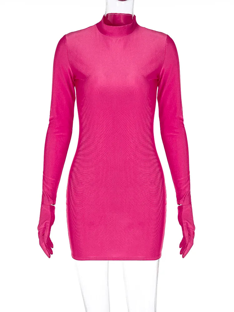 Solid Long Sleeve With Gloves Mini Dress Bodycon Streetwear Party Half Turtleneck Outfits Y2K Clothes Wholesale