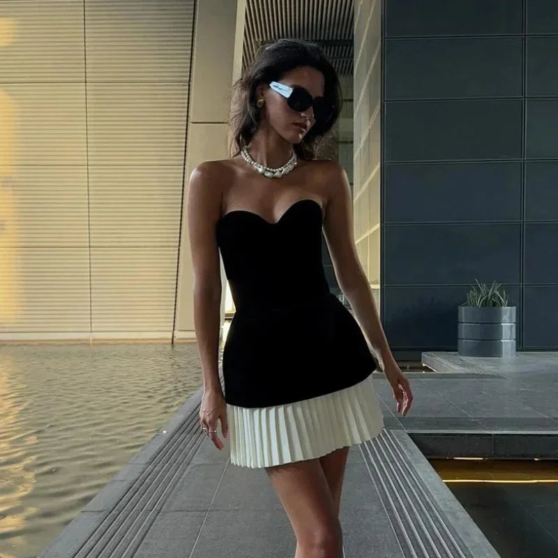Sexy Strapless Velvet Patchwork Pleated Mini Dress Women Elegant Off Shoulder Backless Slim Vestidos New Evening Party Gown