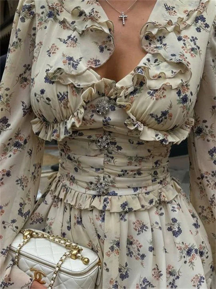 TAVIMART  -  Ruffled V-Neck Printed Mini Dress Female Bandage Autumn Fashion Lace-Up Contrast Drawstring Dress For Women Party Dress