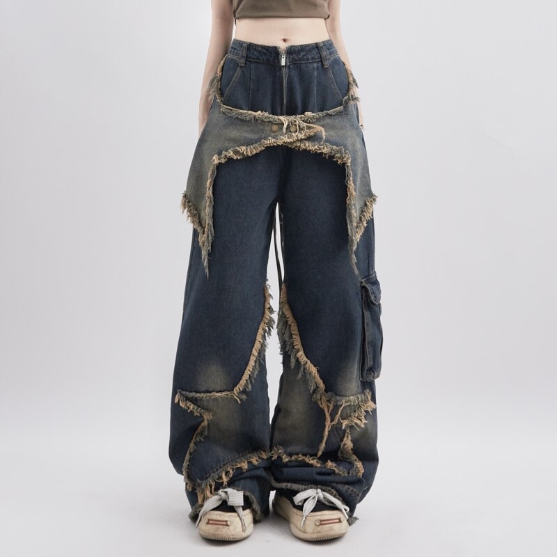 Women's Stylish Blue Baggy Jeans with Star Design | Great for All Seasons