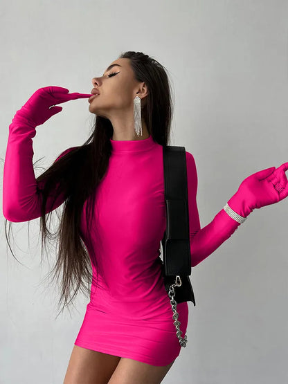 Solid Long Sleeve With Gloves Mini Dress Bodycon Streetwear Party Half Turtleneck Outfits Y2K Clothes Wholesale