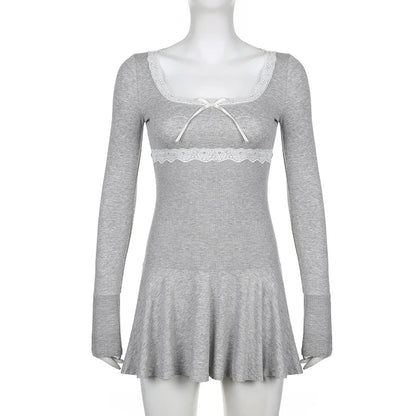 Voguable Lace Patchwork Knitted Mini Dresses Y2K Sweet Bow Bodycon Long Sleeve Pleated Dress Casual Korean Style