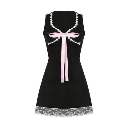 Voguable  Coquette Floral Lace Patchwork A-line Mini Dress Princess Square Collar Bow Decorate Sundress for Holiday Party Y2K