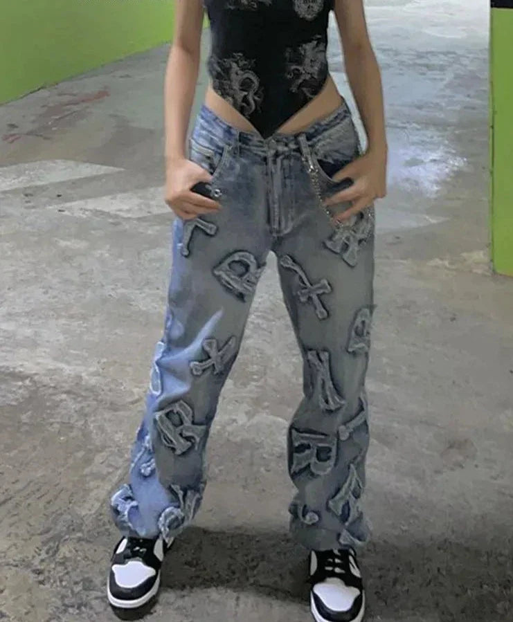 Women's Stylish Baggy Jeans with Patchwork Letter Design | Ideal for All Seasons