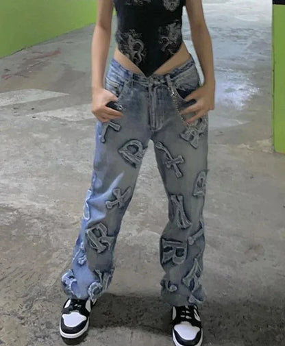Women's Stylish Baggy Jeans with Patchwork Letter Design | Ideal for All Seasons