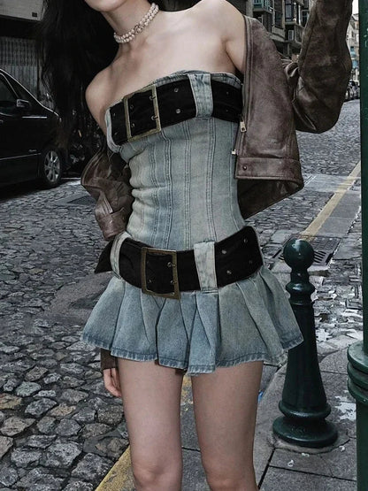 Vintage Y2k Strapless Denim Dress Bodycon Korean Kpop Belt Pleated Mini Dress 2000s Streetwear