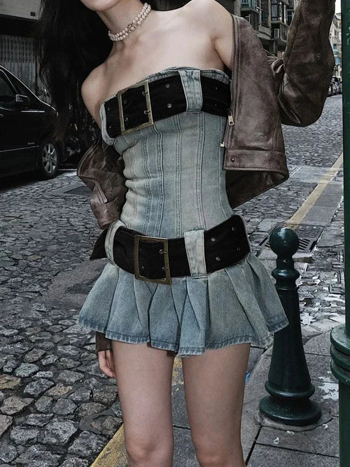 Vintage Y2k Strapless Denim Dress Bodycon Korean Kpop Belt Pleated Mini Dress 2000s Streetwear