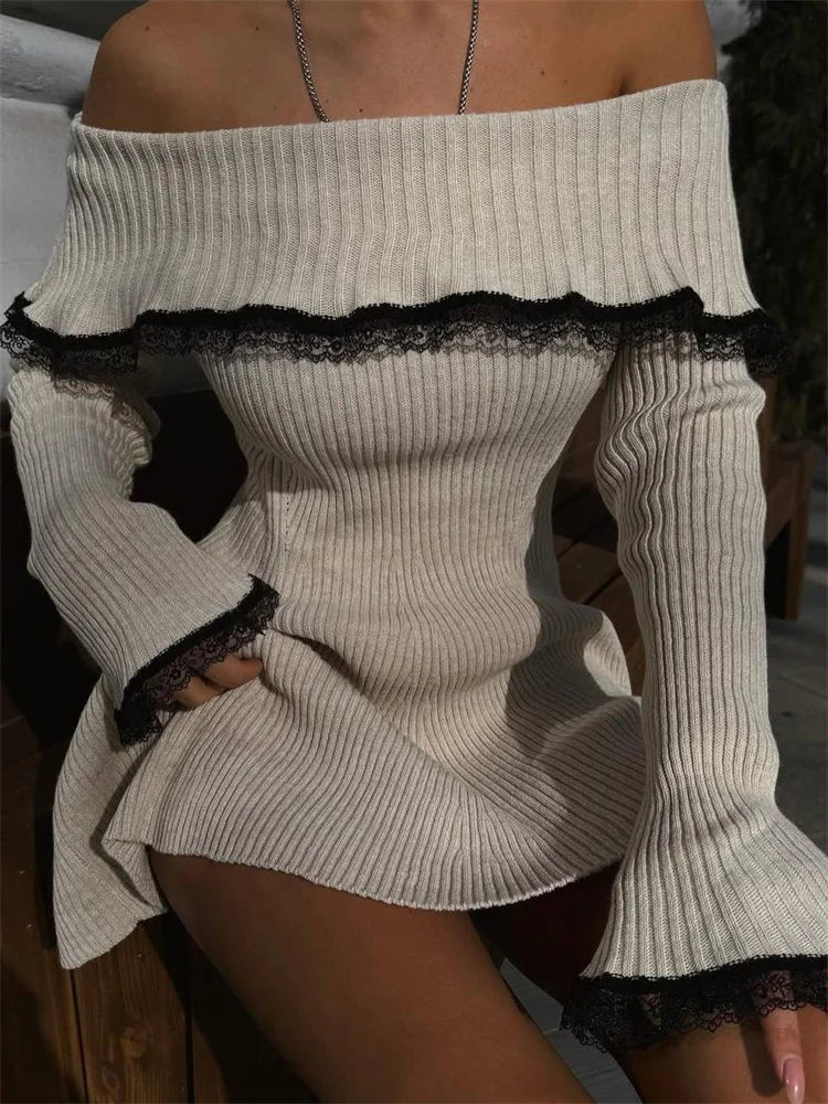 Knit Off-Shoulder Sweater Mini Dress Women's Lace Patchwork Ribbed Slim Backless Elegant Party Dress Knitwear Mini Dress