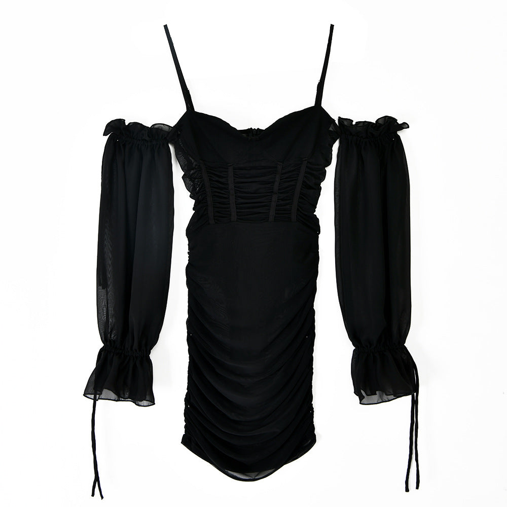 Voguable  Spaghetti Strap Long Lantern Sleeves Ruched Mini Dresses Woman Y2k Mesh Vintage Dress Club Party Vestidos