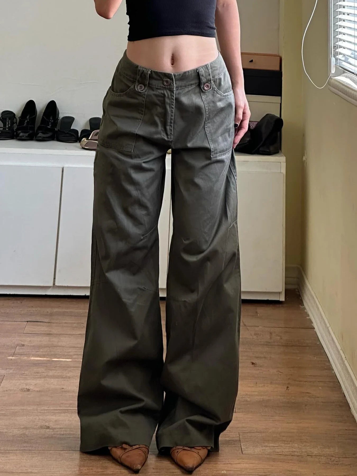 Sweetown Retro Green Low Rise Straight Jeans Woman Y2K Streetwear Denim Trousers Pockets Casual Cargo Jean Pants