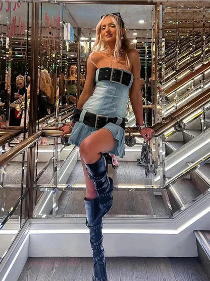 Vintage Y2k Strapless Denim Dress Bodycon Korean Kpop Belt Pleated Mini Dress 2000s Streetwear