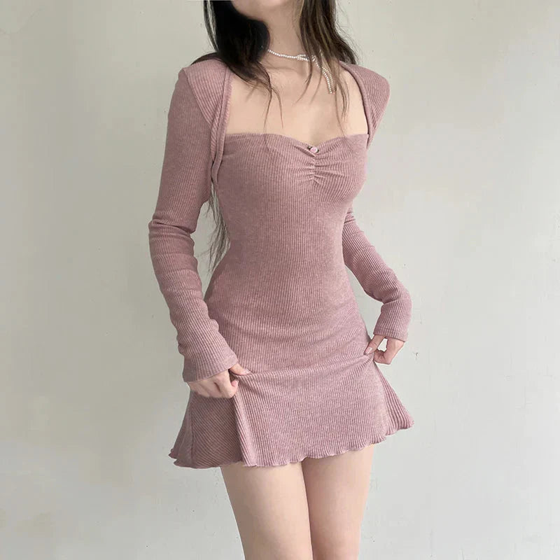 Cute Coquette Pink A-line Mini Dress Fairycore Sweet Full Sleeve Square Collar Short Dresses for y2k