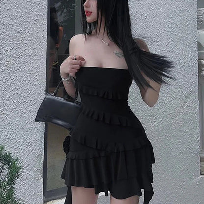 Tube Dress for y2k Clothes Off Shoulder Strapless Sleeveless Ruffle Hem Mini Dress Evening Party Dresses