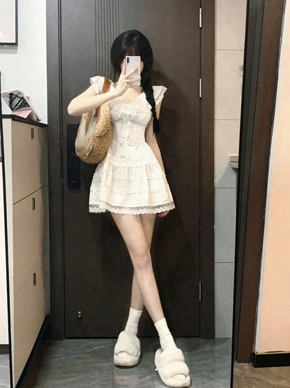 Voguable Y2k Coquette White Lolita Sweet White Kawaii Cute Mini Dress Lace Bow Princess Slip Lace Short Dresses Fashion