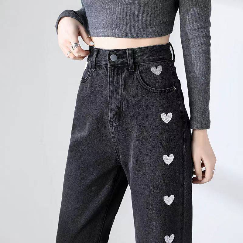 Women's Casual High-Waisted Denim Jeans with Heart Print | Great for Casual Days