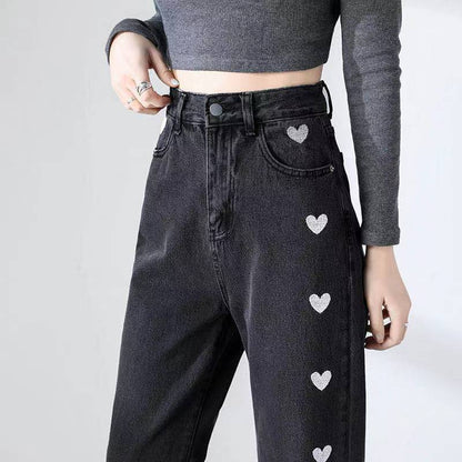 Women's Casual High-Waisted Denim Jeans with Heart Print | Great for Casual Days