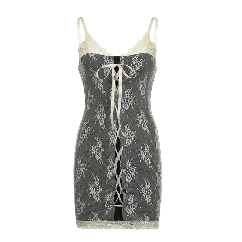 Voguable Chic Floral Crochet Lace Patchwork Mini Dress Elegant Sleeveless Bodycon Dresses Party Robe Coquette Y2K