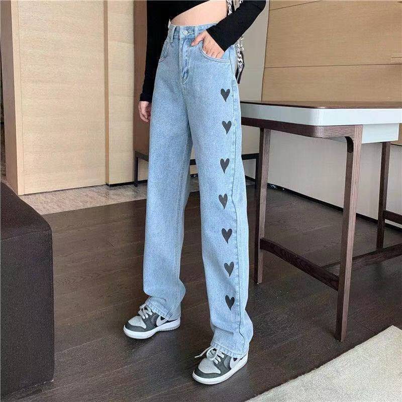 Women's Casual High-Waisted Denim Jeans with Heart Print | Great for Casual Days