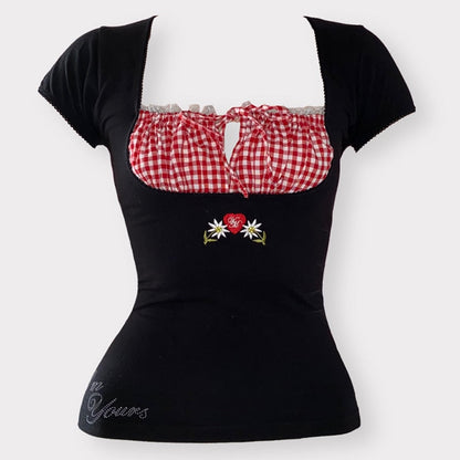 Voguable  Vintage Kawaii Bow Embroidery Mini Dress Patchwork Square Collar Short Sleeve Black Dress Retro Y2K Aesthetic Fairy Clothes