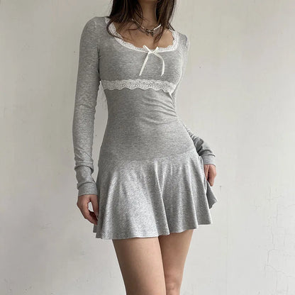 Voguable Lace Patchwork Knitted Mini Dresses Y2K Sweet Bow Bodycon Long Sleeve Pleated Dress Casual Korean Style