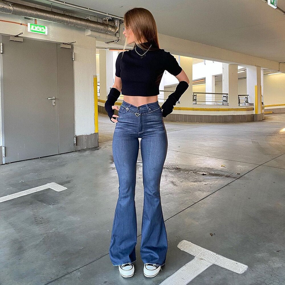 Women's Elegant High-Waisted Blue Flare Jeans | Ideal for All Seasons