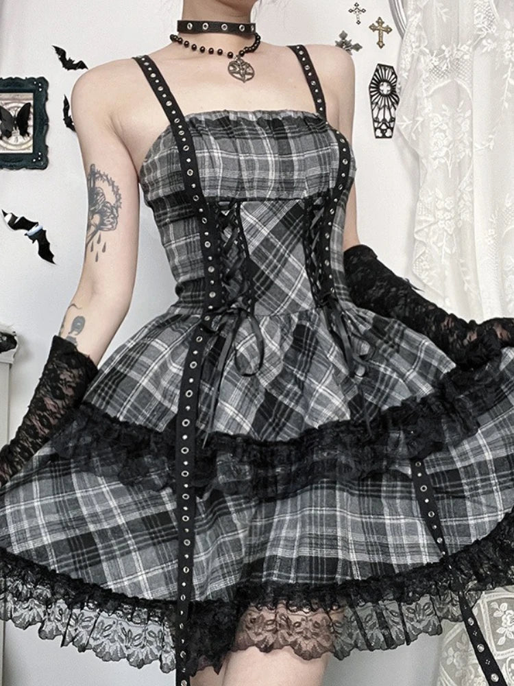 Eyelet Lace Plaid Patchwork High Waist Cake Mini Dress