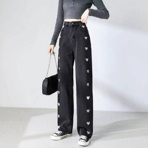 Women's Casual High-Waisted Denim Jeans with Heart Print | Great for Casual Days