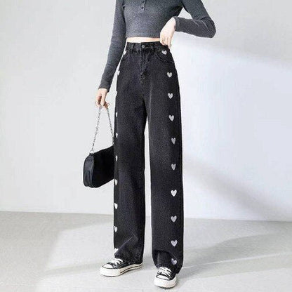 Women's Casual High-Waisted Denim Jeans with Heart Print | Great for Casual Days