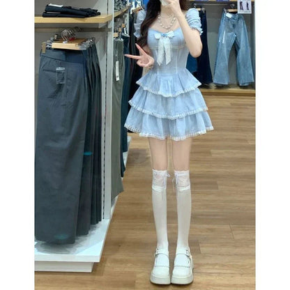 Voguable Sweet Kawaii Blue Plaid Dress Woman Lolita Lace Y2k Mini Dress Short Party Elegant One Piece Dress Korean Fashion