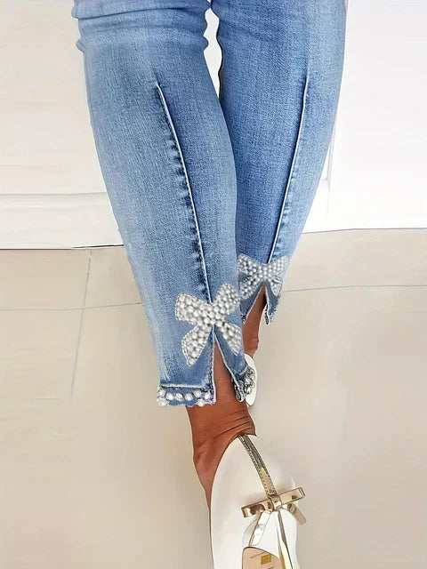 Women's Casual Skinny Jeans with Beaded Slit Pearl Ribbon | Great for Casual Days