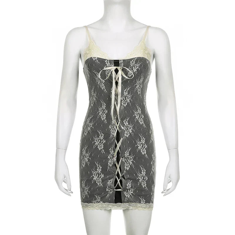 Voguable Chic Floral Crochet Lace Patchwork Mini Dress Elegant Sleeveless Bodycon Dresses Party Robe Coquette Y2K