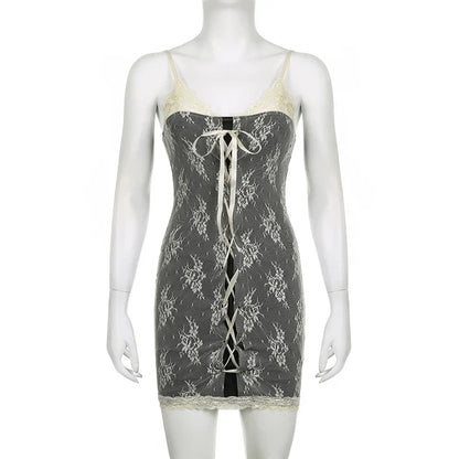 Voguable Chic Floral Crochet Lace Patchwork Mini Dress Elegant Sleeveless Bodycon Dresses Party Robe Coquette Y2K