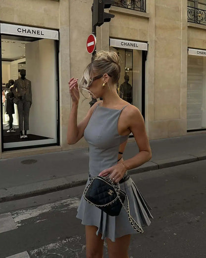 High Street Backless Bandage Pleated Dress Women Sexy Slit Sleeveless Bodycon Mini Dress 2025 New Summer Party Dress Streetwear