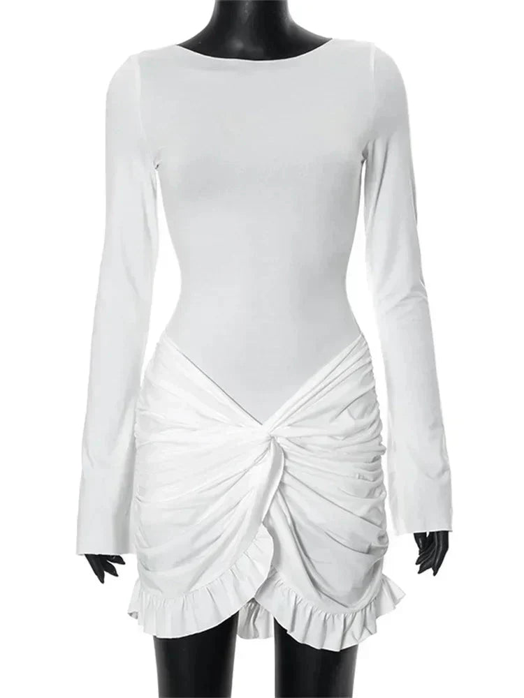 Ruffled Twist Skinny MIni Dress Long Sleeve Patchwork High Waist Party Dress FeY2k Bodycon Dress