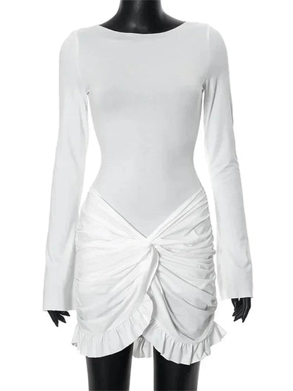 Ruffled Twist Skinny MIni Dress Long Sleeve Patchwork High Waist Party Dress FeY2k Bodycon Dress
