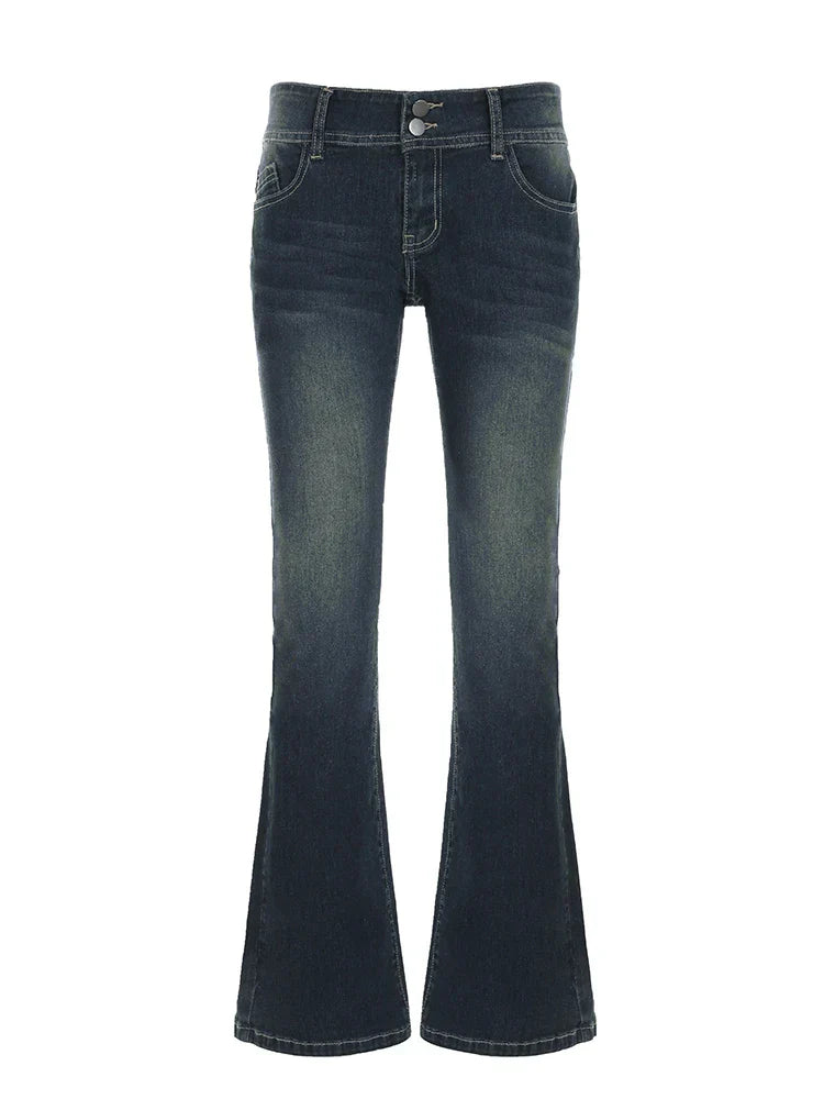 Vintage y2k Flared Jeans Retro Button-up Low Rise Casual Denim Pants Harajuku 2000s Trousers Basic Aesthetic Mom Jeans