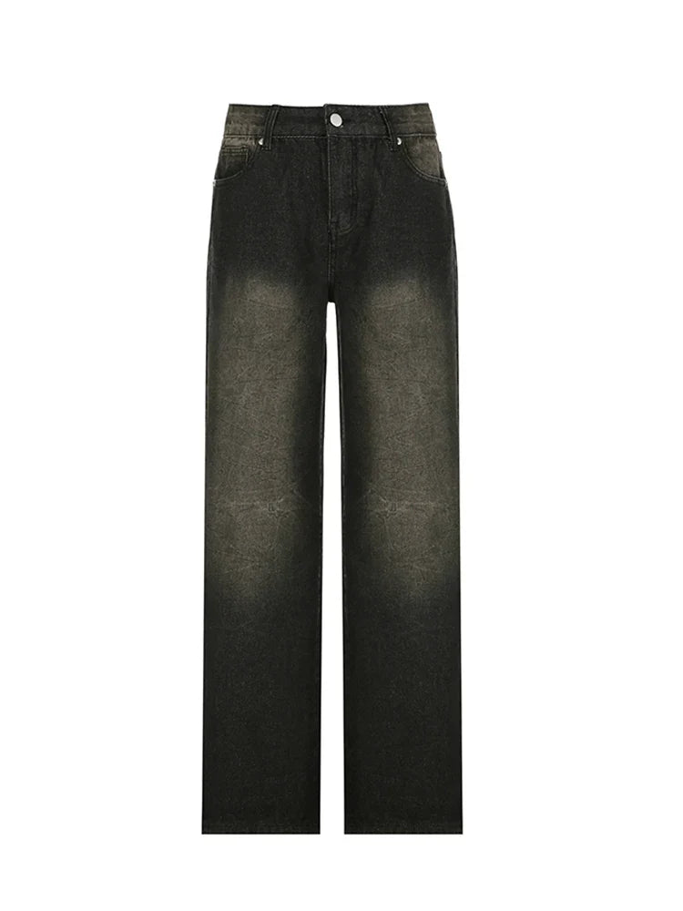 American Retro Casual Straight Leg Jeans Woman Vintage Street Style Distressed Denim Pants