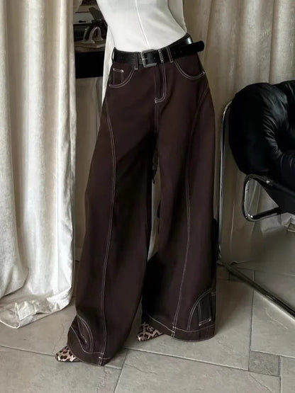 Vintage Brown Wide Leg Jeans Women Y2k High Street Baggy Denim Trousers Grunge Hip Hop American Retro Oversized Jeans