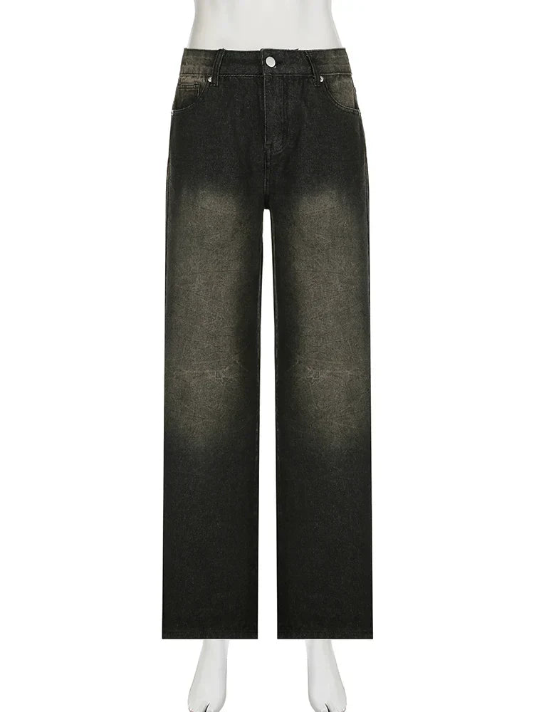 Streetwear Women'S Jeans Harajuku Cargo Pants Y2K Casual Denim Distressed Straight Wide Leg Trousers Female Korean 2024